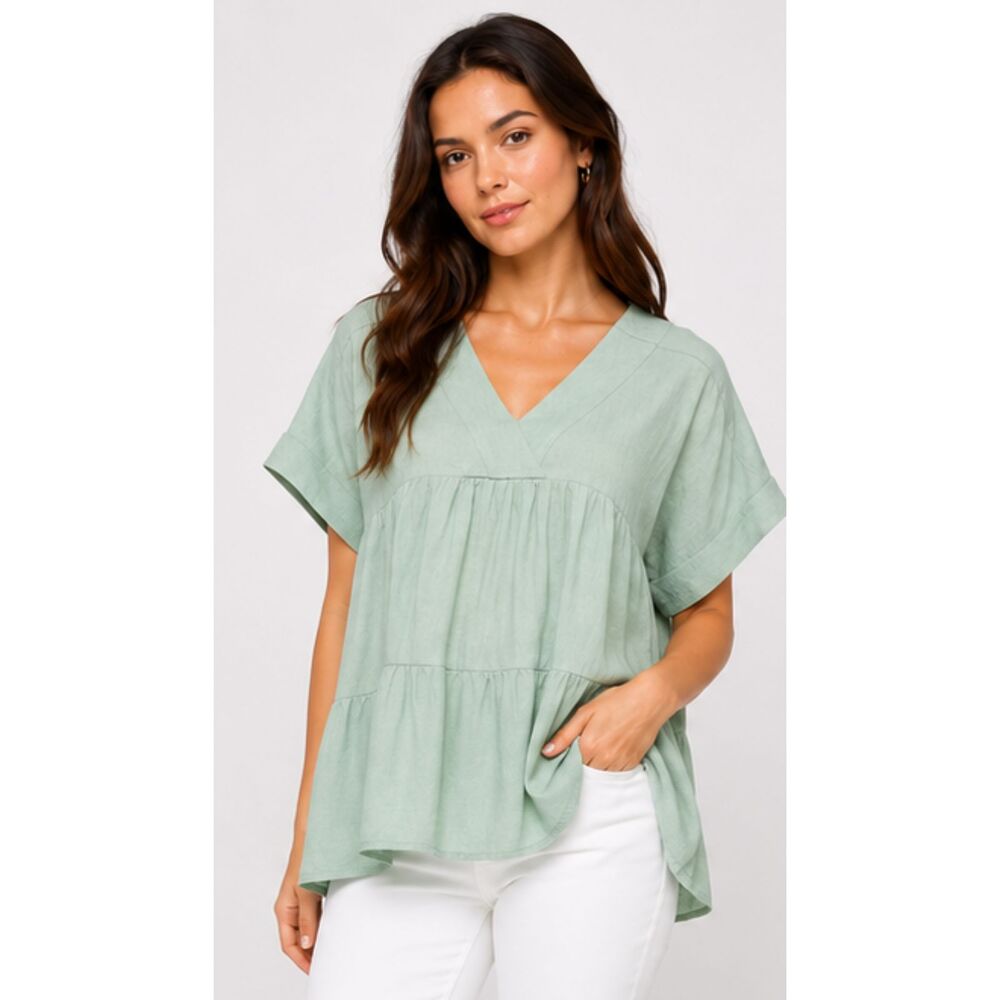 New Gigio M 8 10 Pastel Mint Green Textured Cotton Tiered Top OVERSIZED